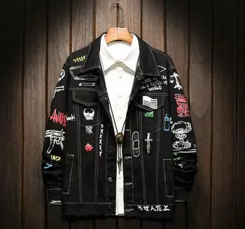 

Men's Harajuku Jeans Jacket Slim Fit Denim Graffiti Cowboy Coat Ripped Outwear