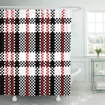 

Red Chinese Plastic Plaid Checker in Black and White Shower Curtain Waterproof Fabric 72 x 72 Inches Set with Hooks