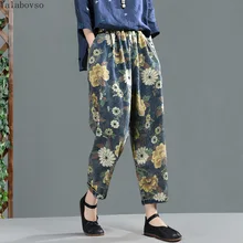 Винтажные джинсы с цветочным принтом и эластичной резинкой на талии, джинсы с принтом, повседневные штаны с завязкой, шаровары, Осенние штаны для женщин, A0B3Z40