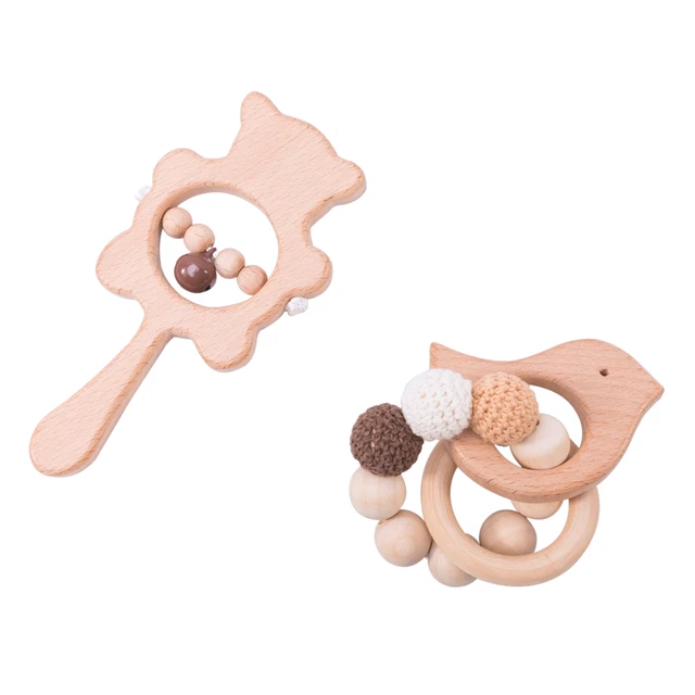 Baby Teethers Wooden Bear Rattles Crochet Beads Rodent Tiny Rod Baby Toys Bracelet Pacifier Clip Nursing Newborn Products Set - Цвет: Bird rattle