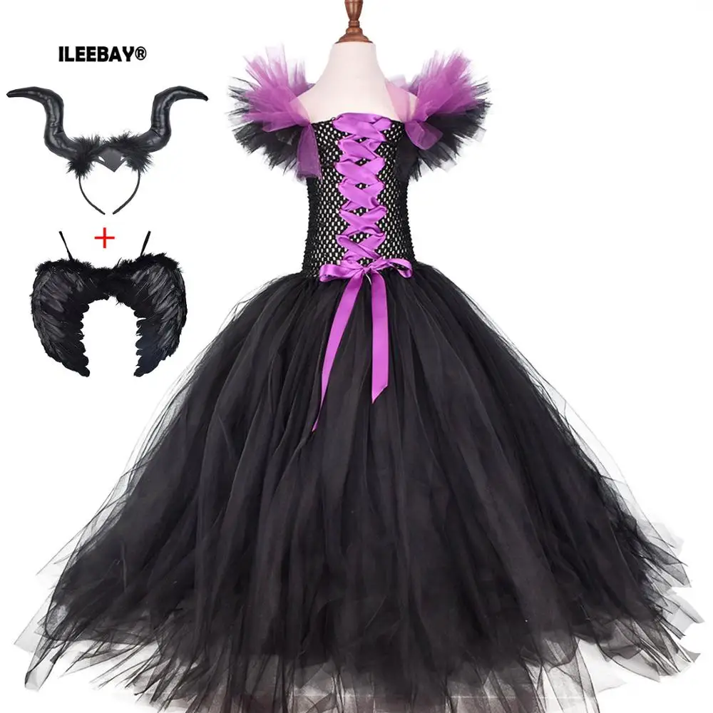 

Solid Black Maleficent Halloween Costumes Kids Girls Tutu Length Dresses Devil Costume Cosplay Outfits Horns Wings Dress Ankel