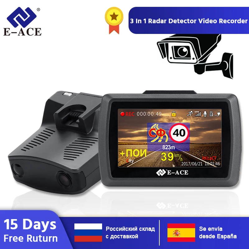Дешево E ACE Автомобильный видеорегистратор, радар детектор font b gps b font 3 в 1 видео рекордер 1296P Dashcam ночное видение Авто Камара ADAS русский язык Регистратор