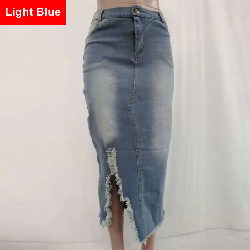 Light Blue Облегающие джинсовые юбки размера плюс с высокой талией и бахромой, 4XL 5XL, женская уличная юбка макси с дырками, джинсовая юбка - Цвет: Light Blue