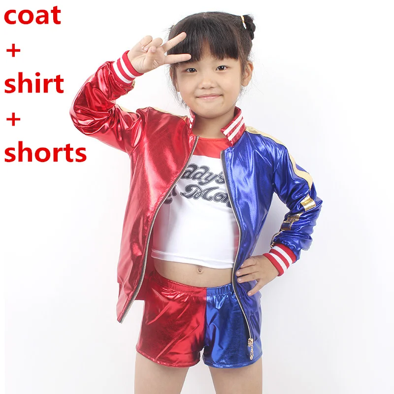 kids full set Дети отряд самоубийц Харли Квинн косплей костюм наряд Хэллоуин Джокер взрослых униформа включает куртку футболка шорты перчатки для девочек - Цвет: kids full set