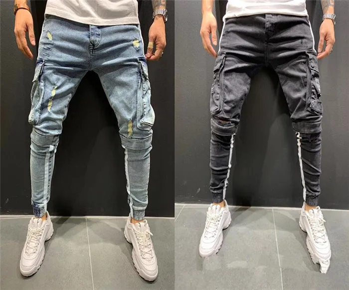Mens Fashion Designer Pencil Pants Jeans Hole Pocket Solid Color Homme Clothing Summer Style Hip Hop Casual Apparel