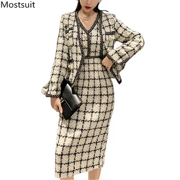 

Autumn Winter Runway Tweed Fashion 2 Piece Set Women Long Sleeve Plaid Jacket Coat+tunic Sexy Party Dress Set Vintage Outfits