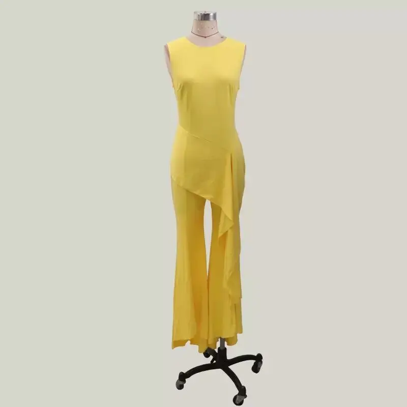 yellow Женский комбинезон, желтый,, круглый ворот, тонкий комбинезон, сплошной цвет, брюки, уникальный дизайн, с оборками, элегантный, струящийся - Цвет: yellow