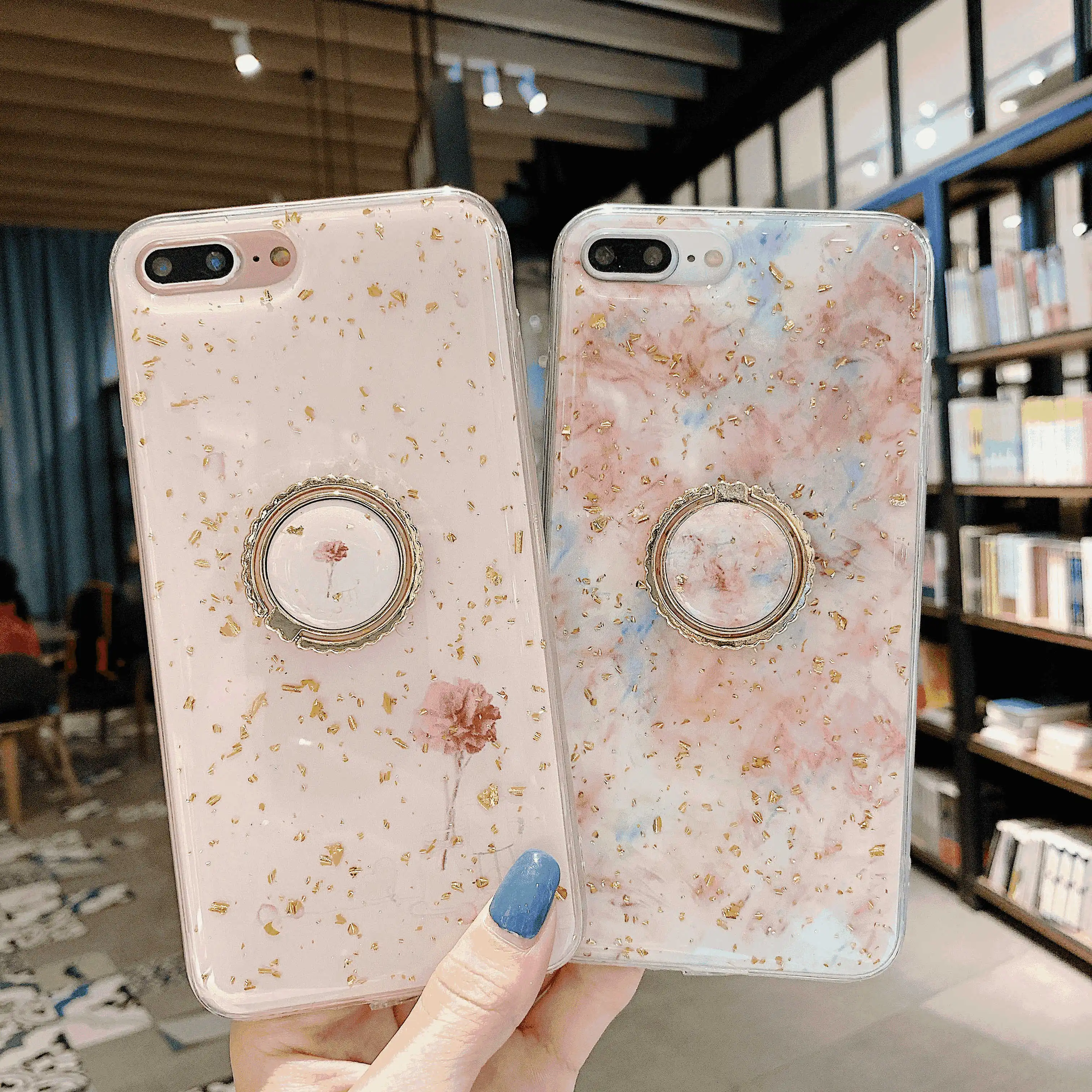 Золотая фольга Bling marble звездное небо кольцо стенд чехол для телефона iphone 6 6S 7 8 Plus X