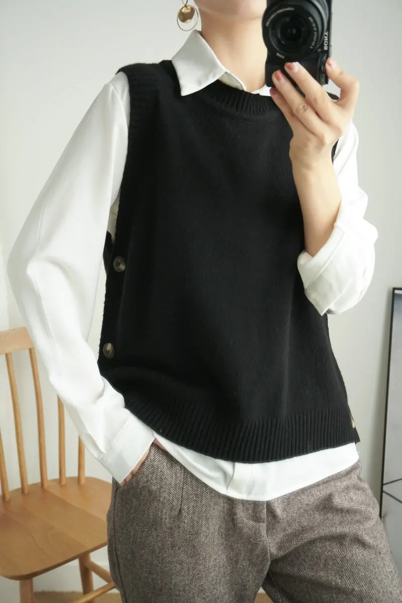 Осенне-зимний кашемировый жилет с круглым вырезом, женский свитер без рукавов, свободный и удобный брендовый пуловер FRSEUCAG, аутентичный - Цвет: Черный