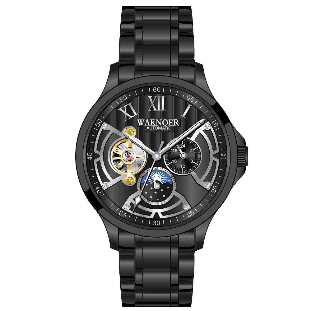 black silver alloy WAKNOER автоматические механические часы для мужчин из нержавеющей стали водонепроницаемые светящиеся Роскошные бизнес турбийон Montre Homme Часы - Цвет: black silver alloy
