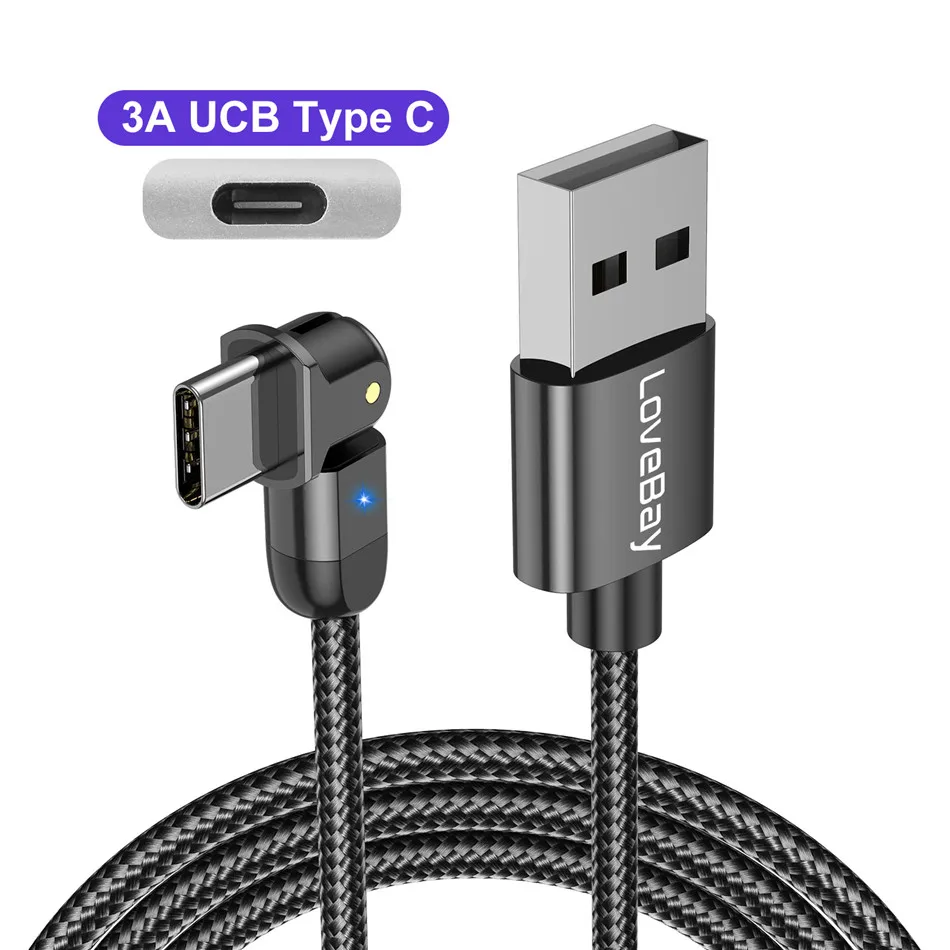 long iphone charger Lovebay 180º Rotation USB Cable Rotate Type C 3A Fast Charge Wire LED USB C Cable for Samsung Galaxy Huawei Xiaomi Mobile Phone fast charging cable for android Cables