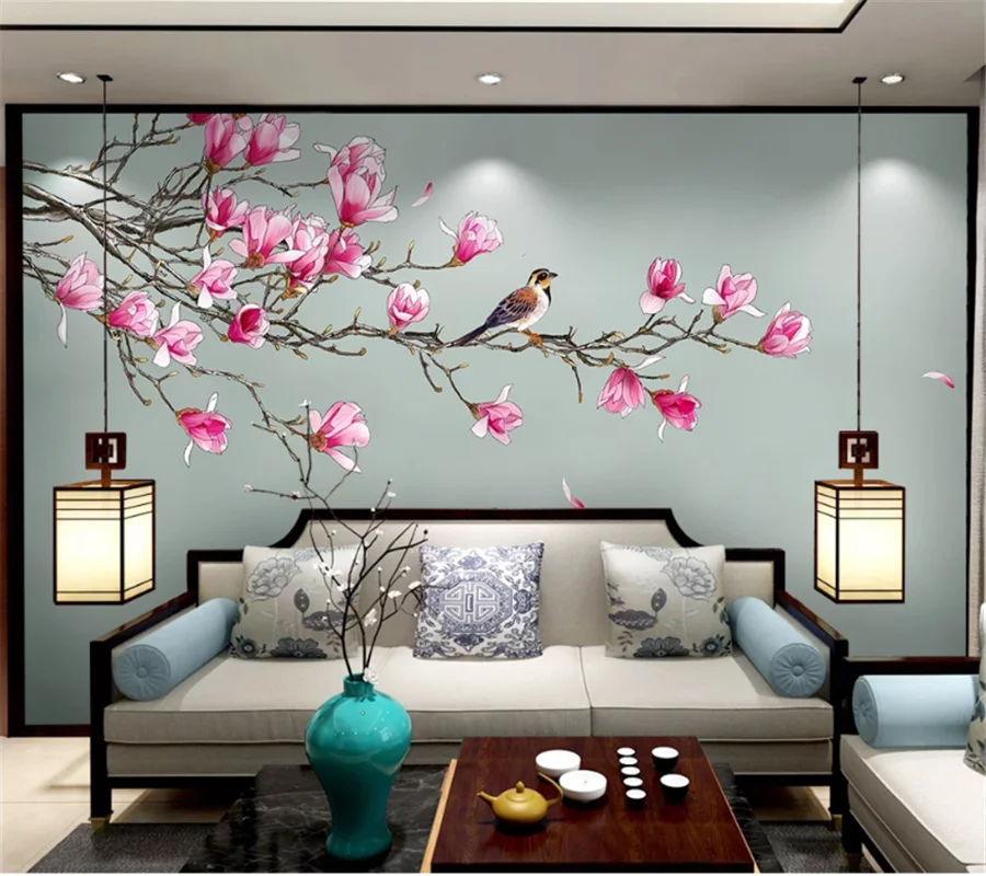 

wellyu Customized wallpaper 3d modern minimalist new Chinese hand-painted flower and bird magnolia flower background wallpaper