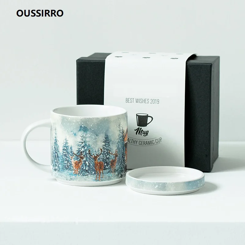 OUSSIRRO 400ml Ceramic Cup Kit Porcelain Constellation Theme LuckyMerry Christmas Mug with Gift Box Christmas Gift for Friends