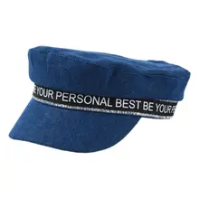 Британский стиль, Женский винтажный джинсовый синий берет, шапка с буквенным принтом, однотонные ленты, газетчик, плоский верх, остроконечный козырек, темно-синяя шляпа