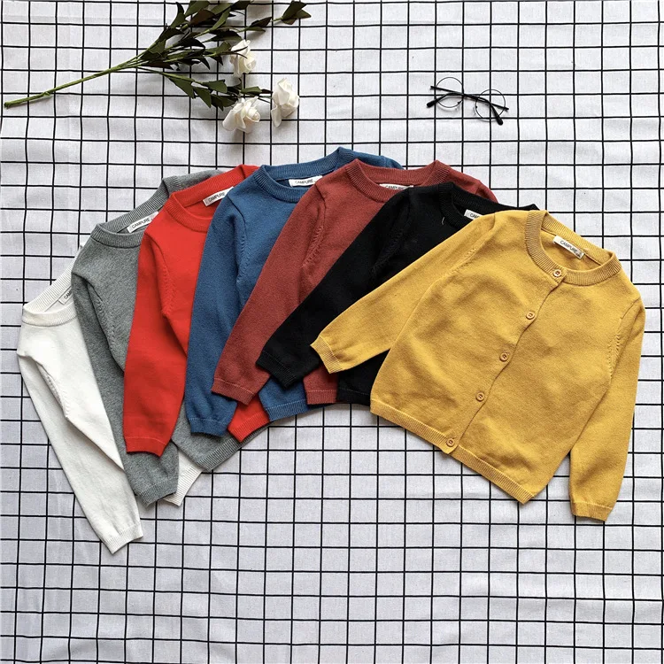

2019 New Style Children Spring And Autumn Solid Color Crew Neck Thin Cardigan Sweater BOY'S Girls Baby Autumn Small Coat