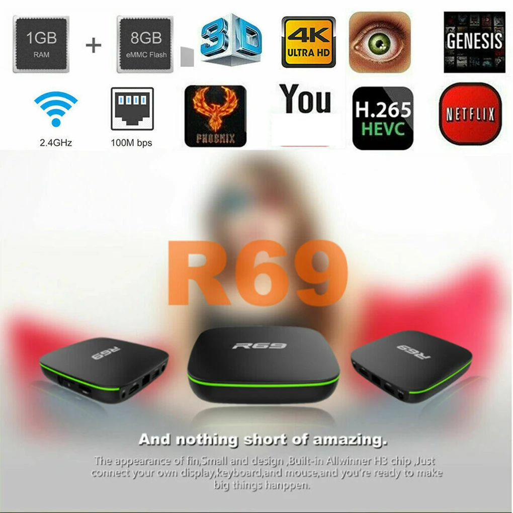 R69 Smart Android 7,1 ТВ приставка 8 Гб четырехъядерный HD 2,4 ГГц телеприставка 1080P HD Поддержка 3D фильмов медиаплеер