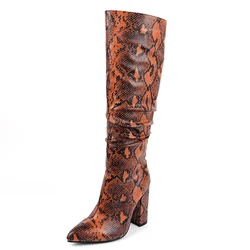 Snake Print Thick Heel Pleated Thick Heel Knee-Length Boots Super High Heel PU Wine Red Pointed Flower Snake Print Boots Animal