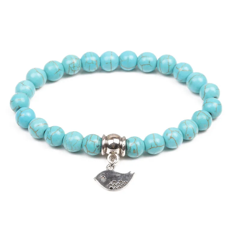 

Natural Stone Beads Bracelets High Quality Turquoises bird Lava Round Beads Elasticity Rope Bracelets for women & men jewelry
