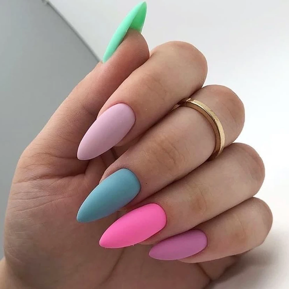 

Mix Matte Macaron Artificial False Fingernails Coffin Stiletto Fake Nails With Design DIY Salon Tip For Manicure