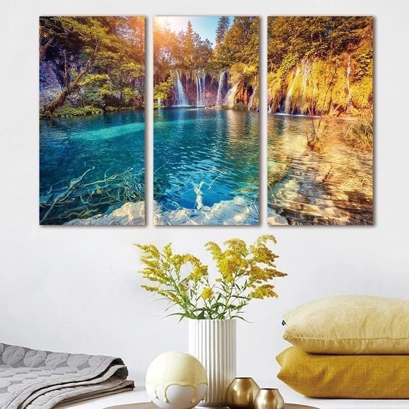 

Waterfall Red Tree Mountain Lake Landscape 3p KIT Canvas Painting Modern Home Decoration Living Room Bedroom Wall Decor Picture