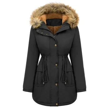 

Women's Cotton-Padded Jacket Mid-Length Plus Fleece Hooded Fur Collar Winter Warm Jacket Large Size Casual Loose and Warm