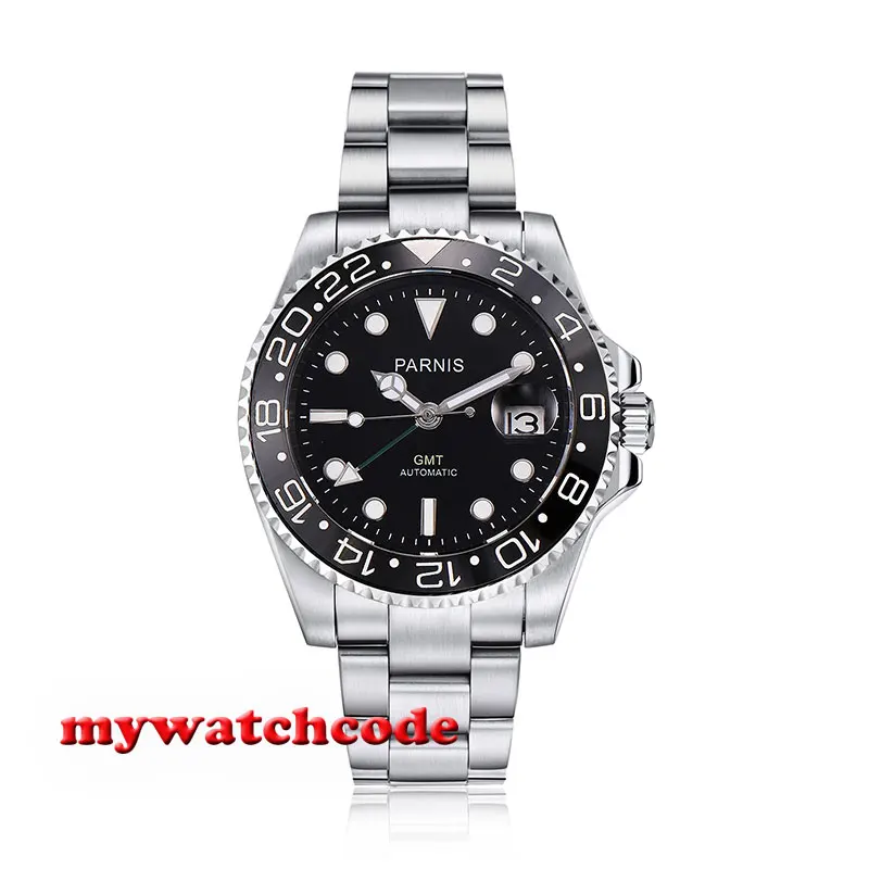 Мужские автоматические часы Parnis 40 мм с черным циферблатом GMT Супер Светящиеся
