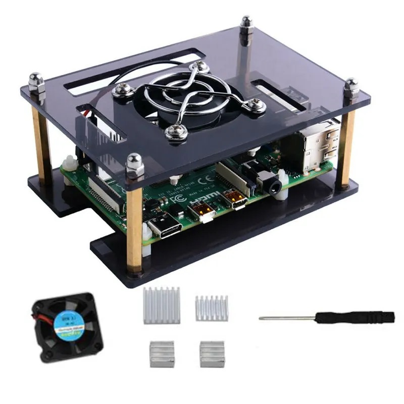 Прозрачный/темно-коричневый акриловый чехол для Raspberry Pi 4 Модель B, чехол с охлаждающим вентилятором для Raspberry Pi 4B/3B+/3B/2B платы