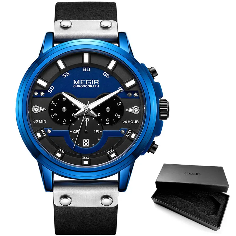 ML2080G-Blue MEGIR Новые мужские кварцевые часы с хронографом Relogios Masculino с кожаным ремешком военные спортивные наручные часы 2080 синий - Цвет: ML2080G-Blue