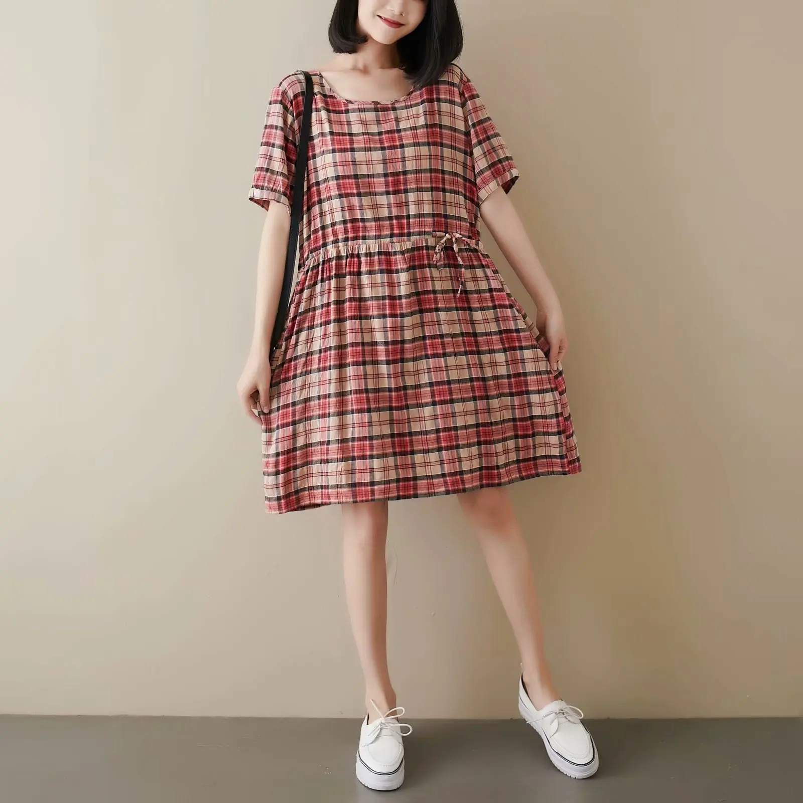 

Summer New Style Crew Neck Hedging Short-sleeved Dress Women's Loose Waist Mid-length Plaid Dress Women's S27803