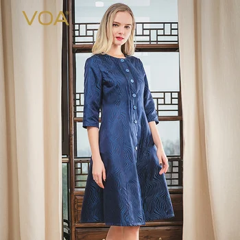 

VOA Silk 34MM Yarn-Dyed Jacquard Organza Splicing Single-Breasted Tucker Pleats Design qi fen xiu Dress A10898