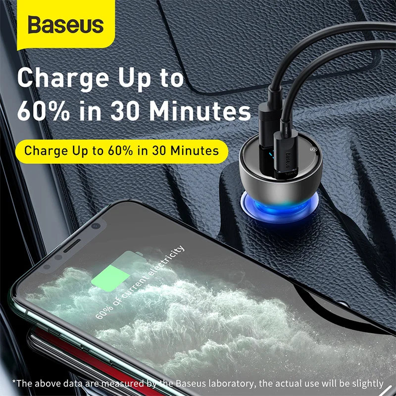 Baseus Super Fast Charging Car Charger 65W Dual Port with LED