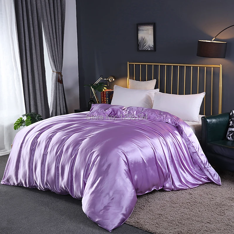 Комплект постельного белья из сатина Шелковый пододеяльник с наволочка пододеяльник комплект постельного белья домашний текстиль король двойной королева белый черный серый - Цвет: Light Purple