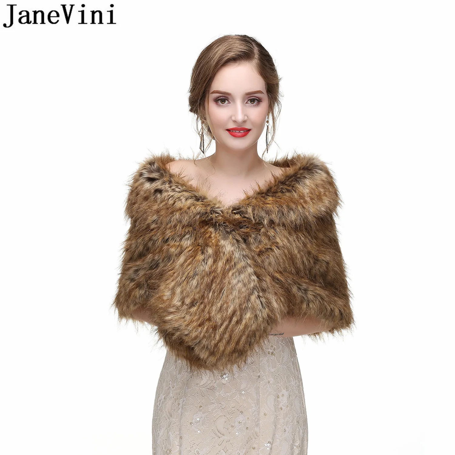 JaneVini Brown Winter Bridal Jacket Faux Fur Shawl Women Wedding Dress Fur Capes Wraps Stoles Bolero Noiva Spitze Veste Fourrure