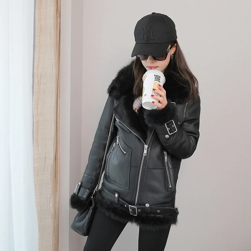 

Natural Leather And Fur Women Coat Double-Faced Fur 2019 Winter Fashion Merino Sheep Fur Warm Motorcycle Real Fur Clothing