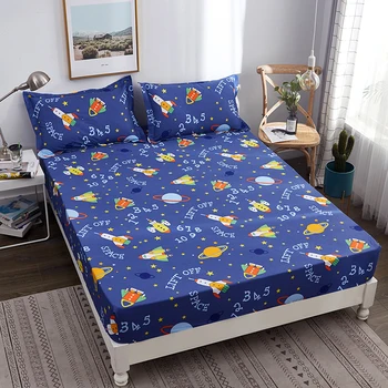 

2019 New Space Lift Off Printed Fitted Sheet 1pc Pure Cotton Cartoon Mattress Cover Children Bed Sheets with Elastic Rubber Band
