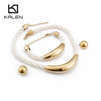 KALEN Bohemia Plastic Pearl Jewelry Set For Women Stainless Steel Plastic Twisted Chain Choker Necklace Bracelet Earrings Set