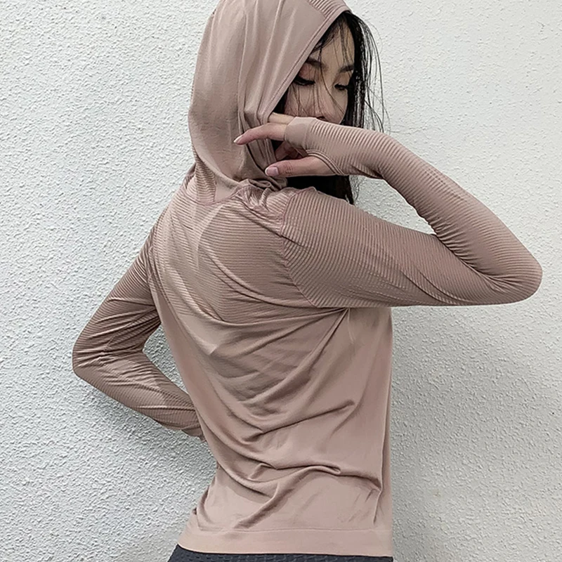 pink Топы для йоги, с длинным рукавом, сексуальные, с капюшоном, для спортзала, фитнеса, эластичные, для спорта, для активного отдыха, Женская одноцветная рубашка с пуговицами для большого пальца, сетчатый, сухой, облегающий, укороченный топ - Цвет: pink