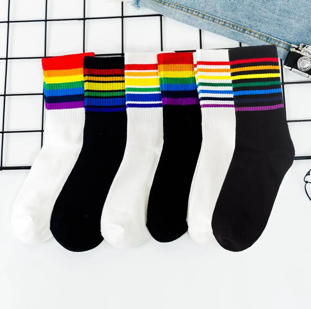 

Women Cotton Rainbow Socks Men Fashion INS Autumn Winter Hongkong Street Striped Sport Long Crew ђлки