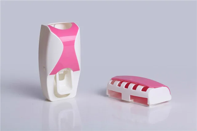 Модный домашний набор для ванной комнаты, автоматическая Дозатор зубной пасты+ 5 шт. держатель для зубной щетки, семейный набор, настенный держатель для ванной комнаты - Цвет: Розовый