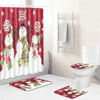 

GloryStar 4Pcs/Set Merry Christmas Series Bathroom Set Shower Curtain Toilet Cover Mat Non Slip Rug
