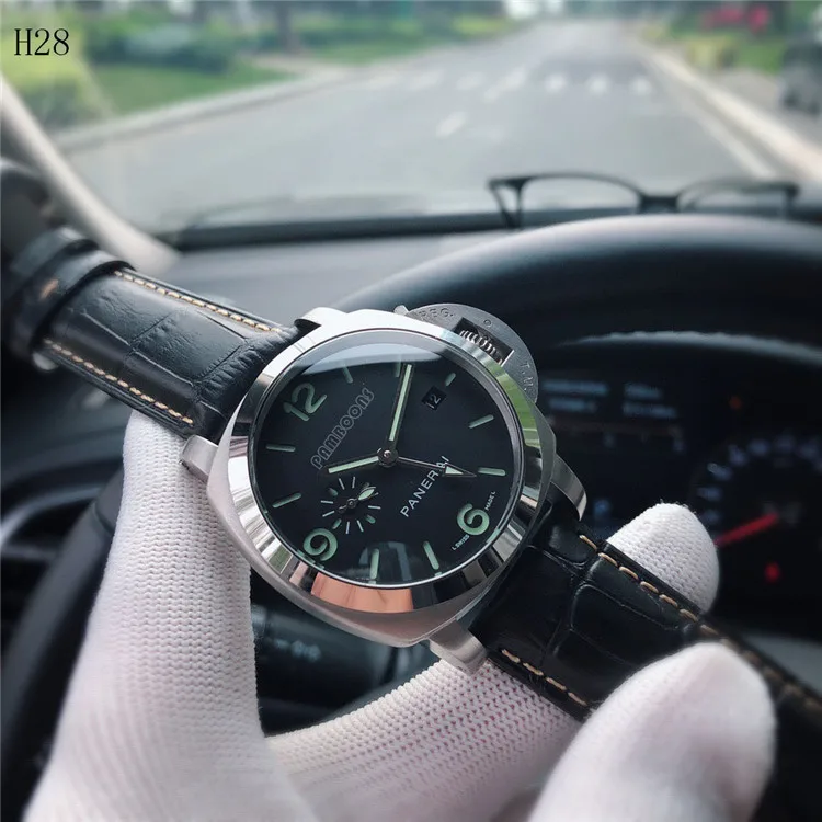 automatic mens watch military leather strap 44mm luxury watch date black stainless steel case silver silver back - Цвет: 1