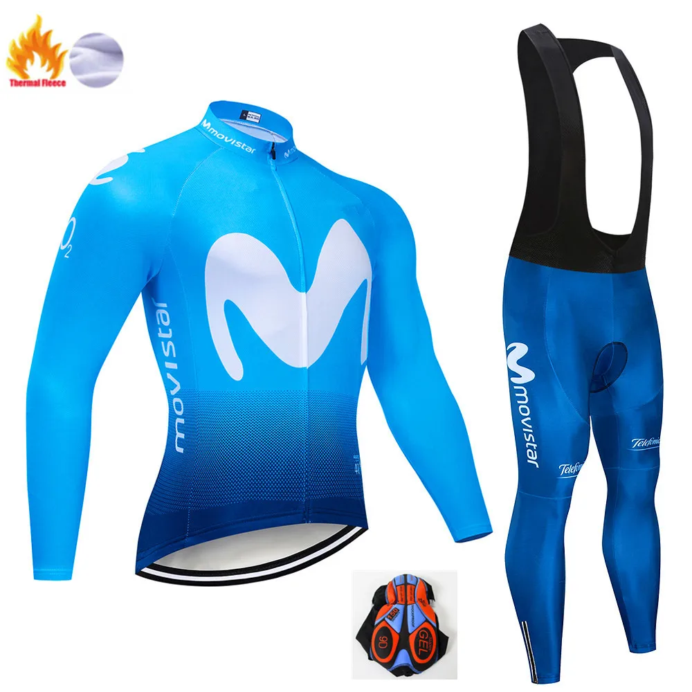 Winter Cycling Suit MOVISTAR TEAM велосипедная куртка 9D набор велосипедных штанов Ropa Ciclismo мужская зимняя теплая флисовая pro трикотаж для велосипедистов одежда - Цвет: Winter Cycling Suit