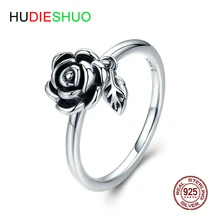 HUDIESHUO оксидированное серебро, цветок розы, листья, кольца на палец, подарок на день Святого Валентина, ювелирные изделия, 925 серебряные кольца для женщин
