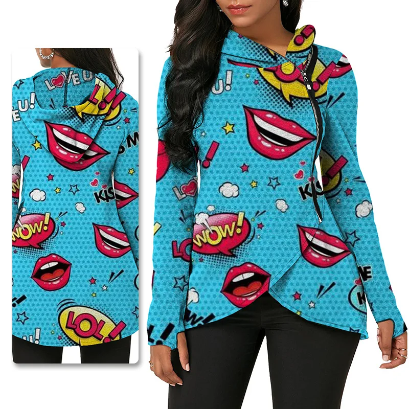 

Ladies Hoodie, 2021 Spring and Autumn Ladies Long Sleeve Clothes Zipper Lip Irregular Sweater T-shirt Sweatshirt