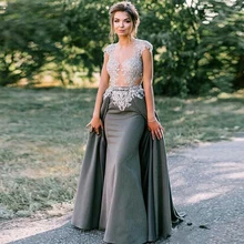 Восьмилое вечернее платье русалки, кружевное платье со съемным шлейфом и коротким рукавом, атласное платье знаменитостей с блестками, длинные платья для выпускного вечера