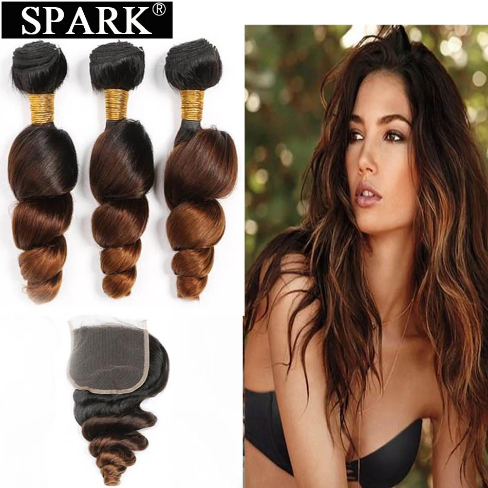 Эффектом деграде(переход от темного к перуанские Волнистые пряди с закрытием 1B/4/30 Spark Волосы remy человеческие волосы для наращивания на пряди с закрытием средней соотношение
