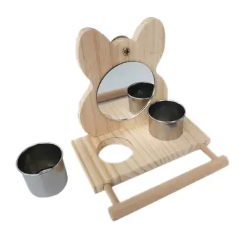 

Bird Stand Perch with Mirror Parrot Cage Wood Play Platform Feeding Cups Bowl