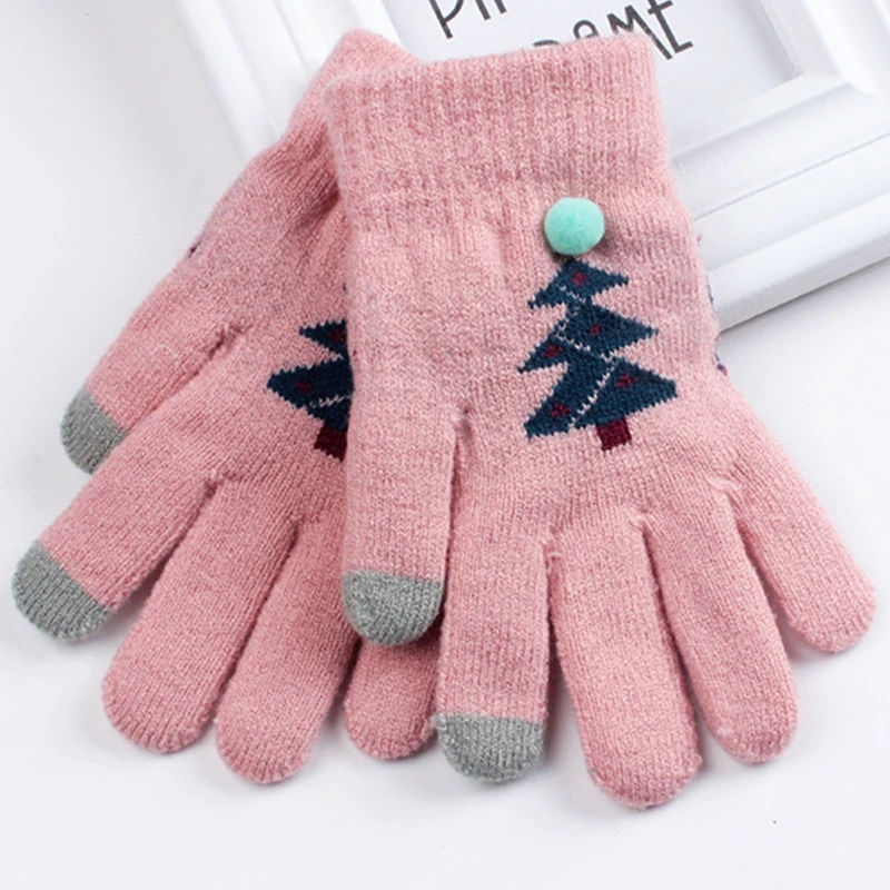 

Kids Christmas Knitted Full Finger Gloves Cartoon Xmas Tree Jacquard Thermal Plush Lined Mittens Winter Hand Warmer Random Color