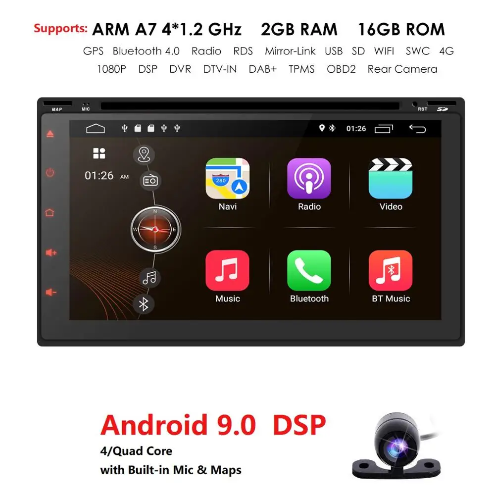 

DSP 7"Universal Quad Core 2Din Car DVD Android 9.0 Radio Multimedia Player 4G WIFI 2GRAM 16GROM GPS Navigation MirrorLink Cam BT