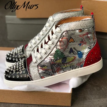 

Prowow Graffiti Shoes Men Casual Shoes Fashion Printed Mens Loafers Rivets Toe Runway Shoes High Top Lace Up Mens Sneakers